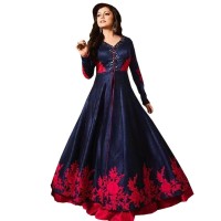 Drashti Dhami Navy Blue Silk Long Anarkali Suit WF049