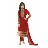 Exclusive Georgette Embroidered Cotton Salwar Suit Red 2016