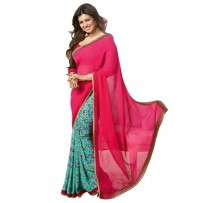 Vinay Exclusive Pink And Off Turquoise Printed Chiffon Saree - SW37