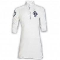 Exclusive White Indian Linen Eid Panjabi With Black Velvet Flok JC79