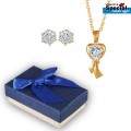 Golden Plated Romantic Heart White Stone Pendant & Earrings For Women